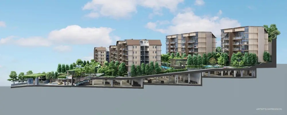 Cross-section of Terra Hill's terraced blocks stepping down the hillside above a basement carpark