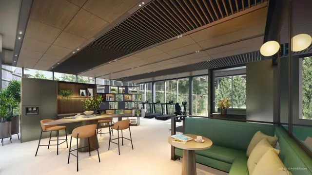 Gym and co-working lounge overlooking the grounds