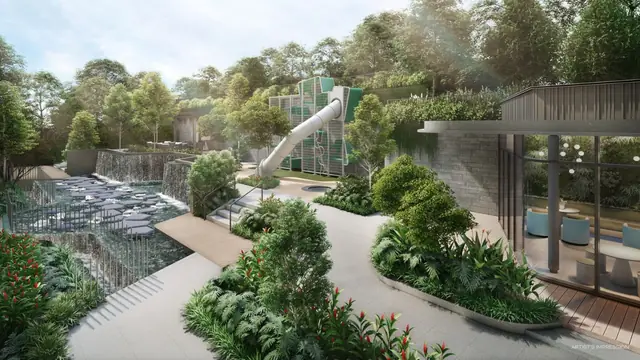 Kids' creek playground with slide and water play feature