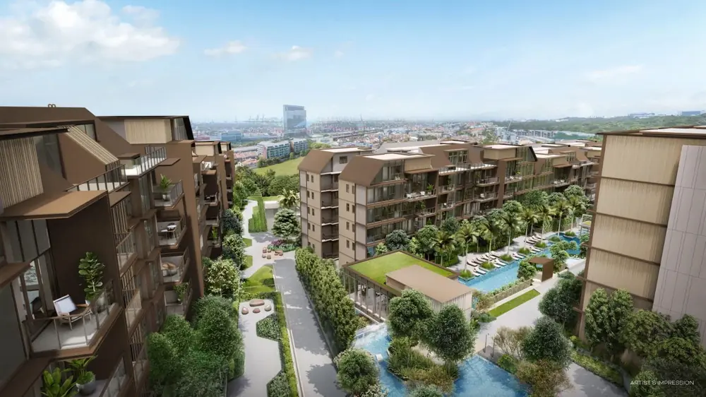 Aerial view of Terra Hill's terraced blocks and pool deck, with the Pasir Panjang skyline beyond